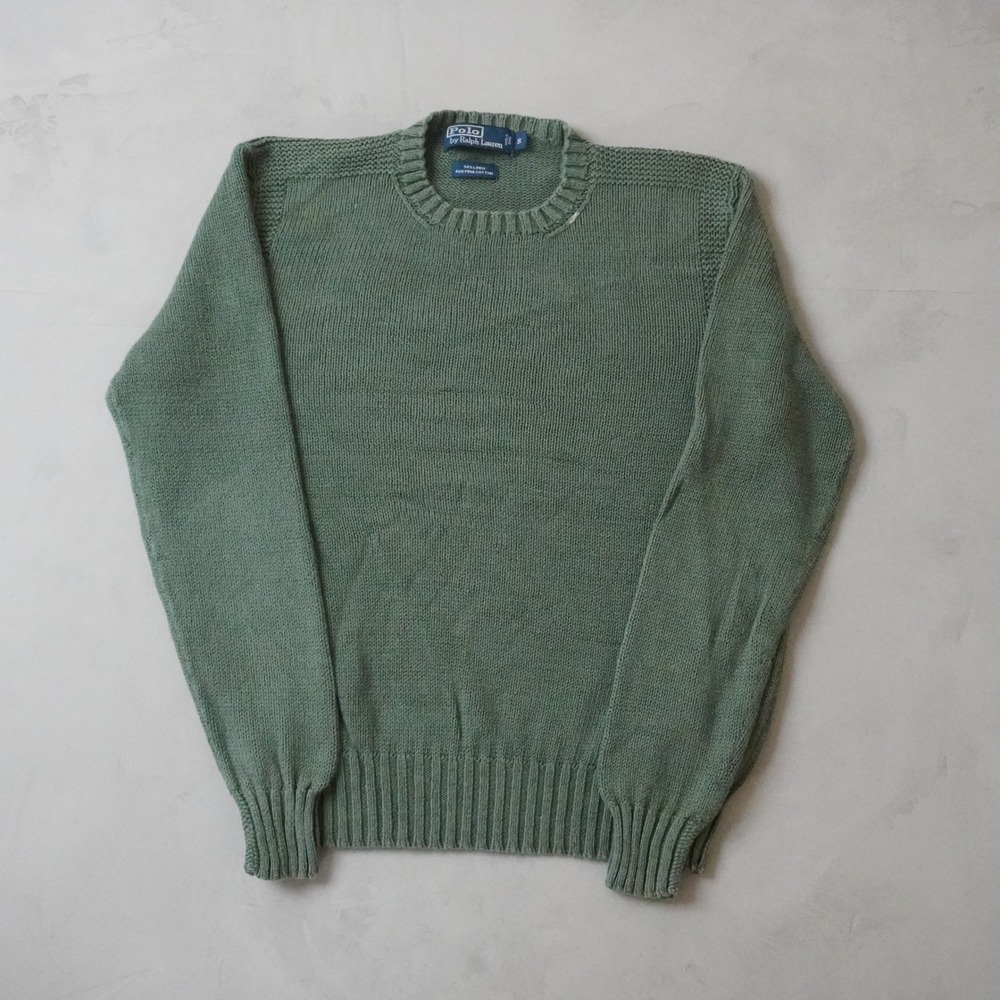 Vintage Polo Ralph Lauren Sweater Small Green Cotton Knit Crewneck Vtg